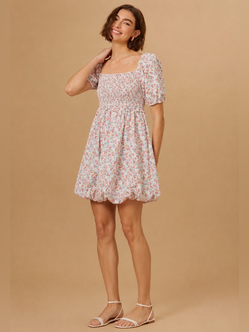 Altar’d State Bubble Hem Floral Mini Dress Puff Sleeves Smocked Size M